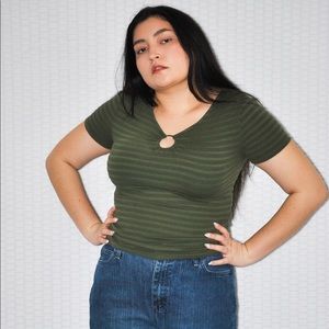 Dark green striped ring v-neck short sleeve top